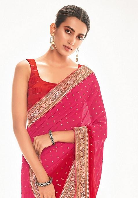 Red Foil Print Georgette Saree Set