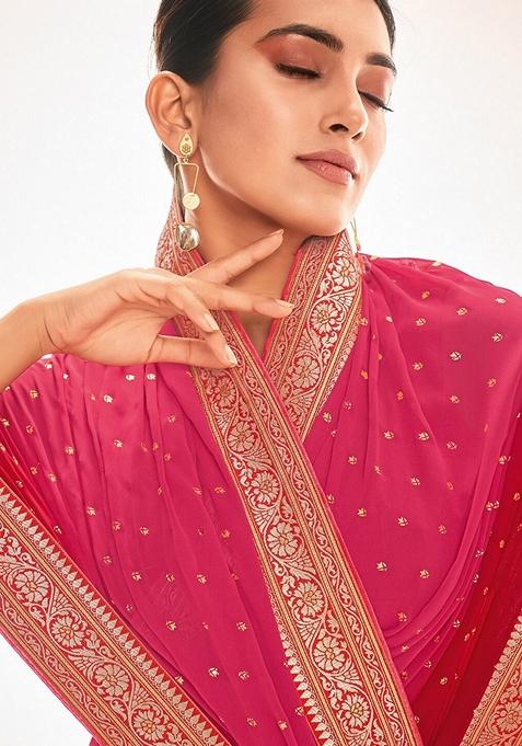 Red Foil Print Georgette Saree Set