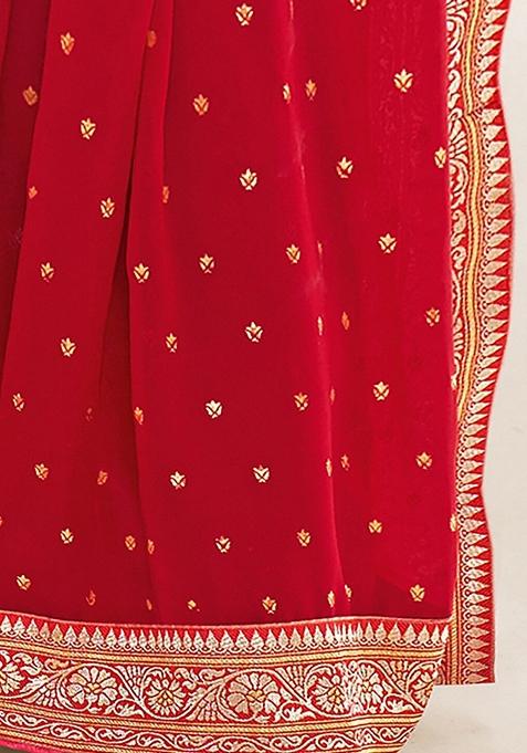 Red Foil Print Georgette Saree Set