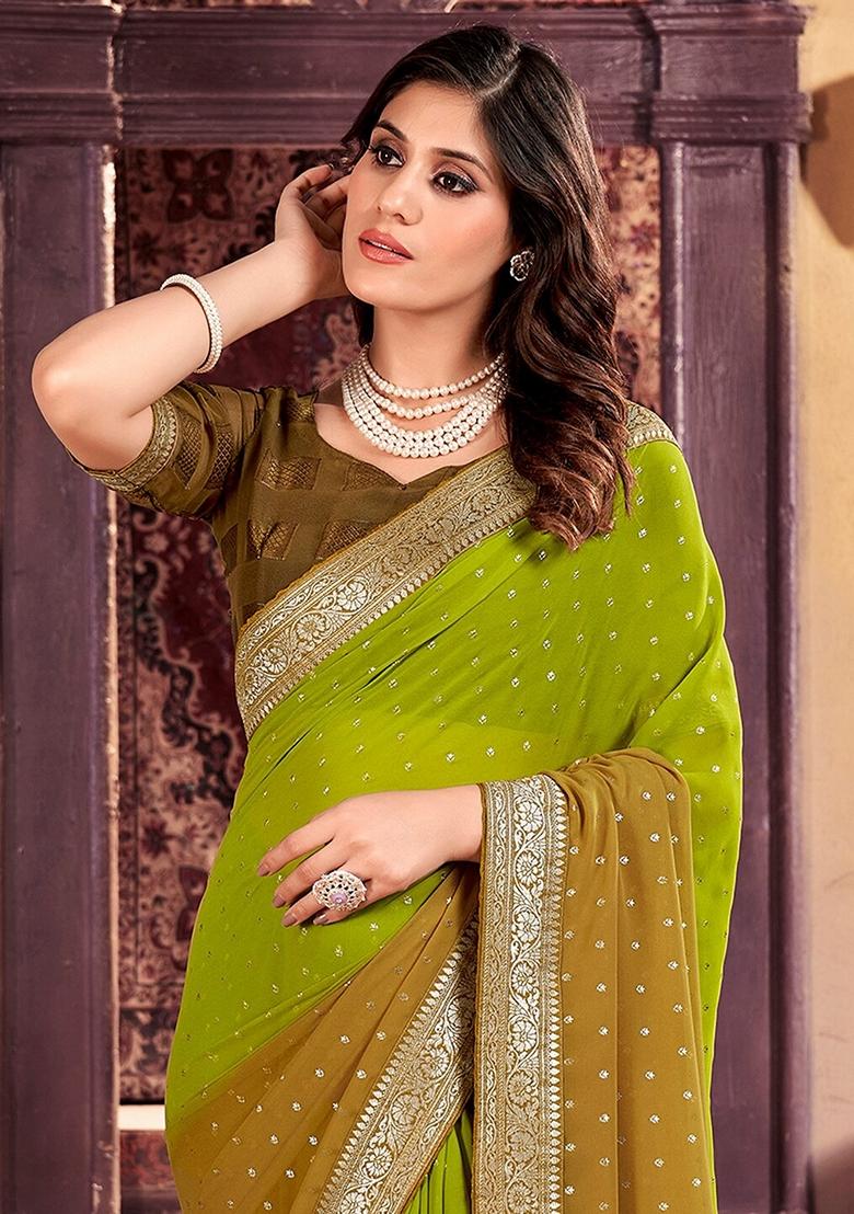 Green Foil Print Georgette Saree Set