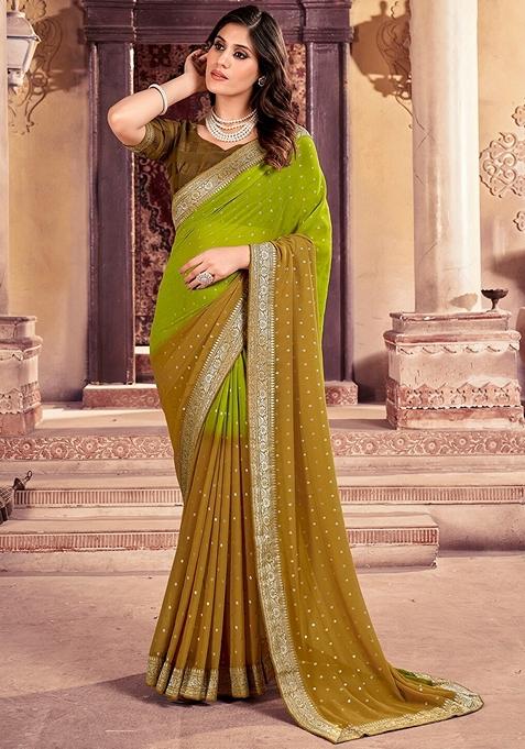 Green Foil Print Georgette Saree Set