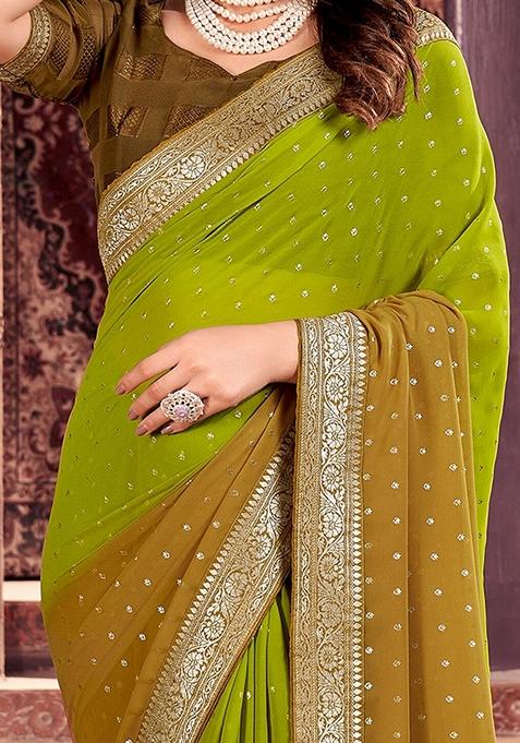 Green Foil Print Georgette Saree Set