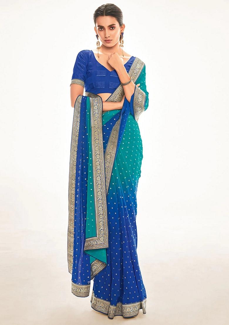 Blue Foil Print Georgette Saree Set - Indya
