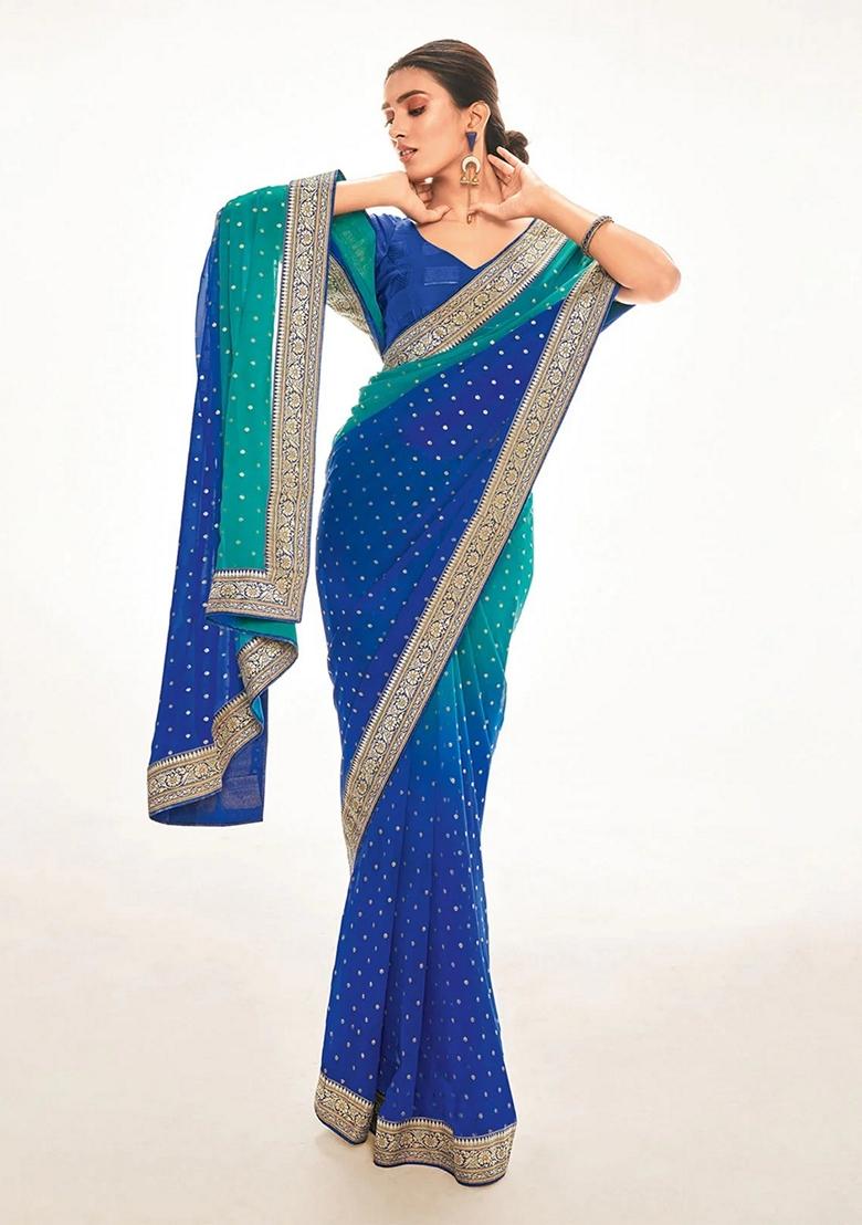 Blue Foil Print Georgette Saree Set - Indya