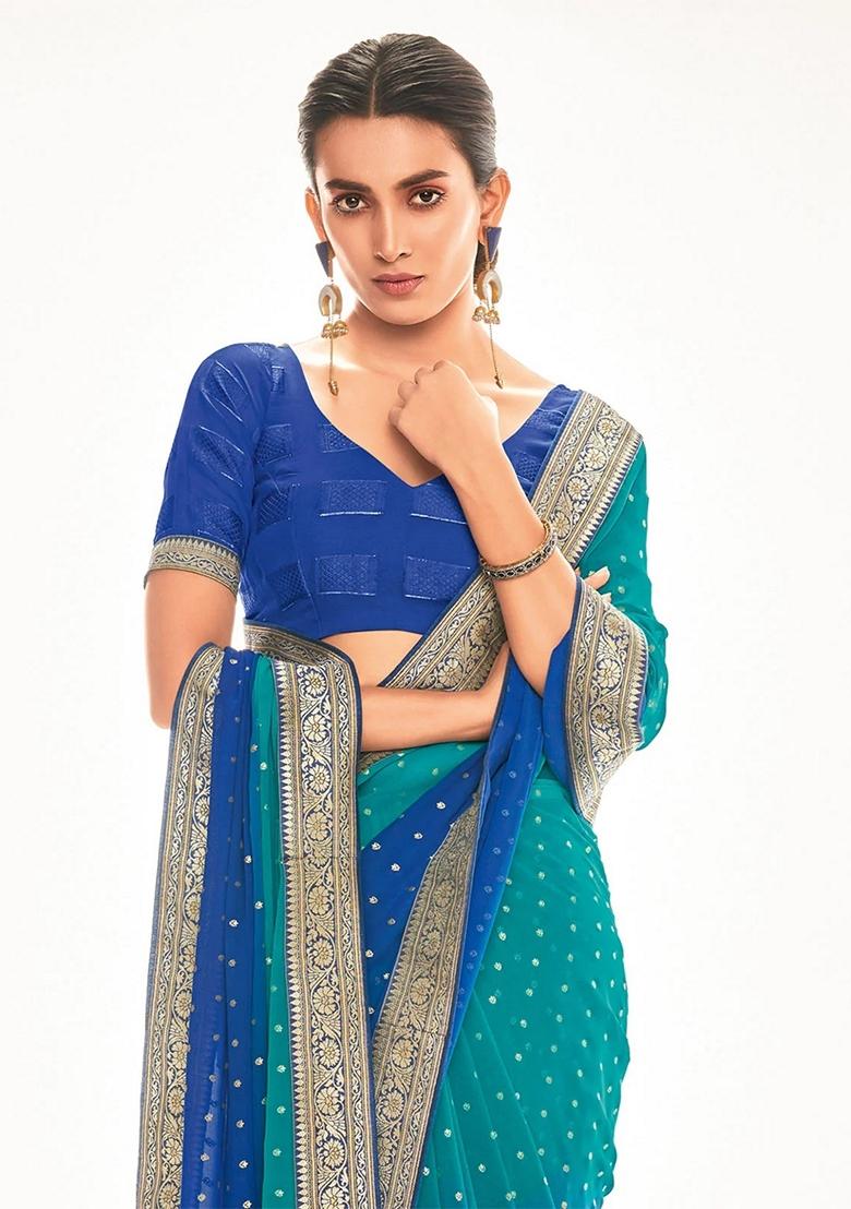 Blue Foil Print Georgette Saree Set - Indya