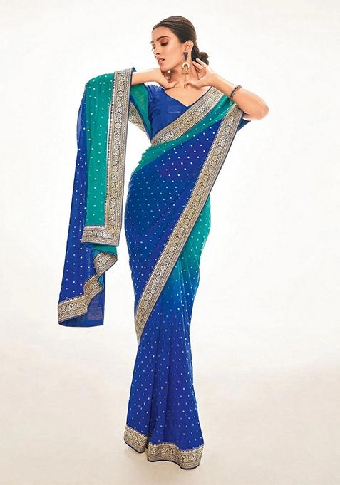 Blue Foil Print Georgette Saree Set