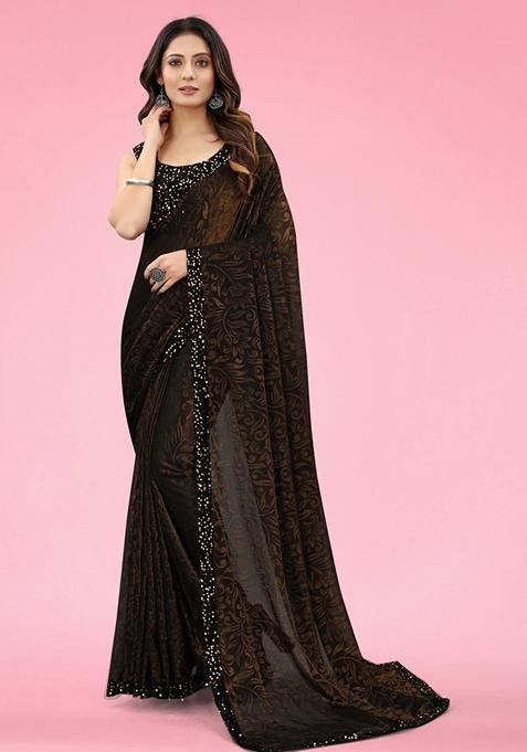 Brown Solid Lycra Blend Saree Set