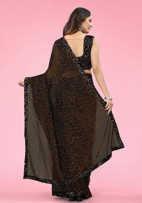 Brown Solid Lycra Blend Saree Set