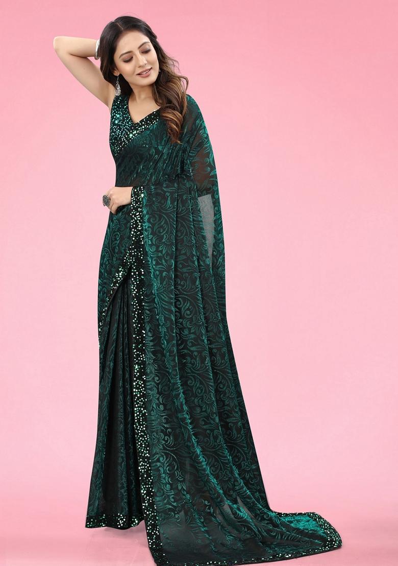 Green Solid Lycra Blend Saree Set