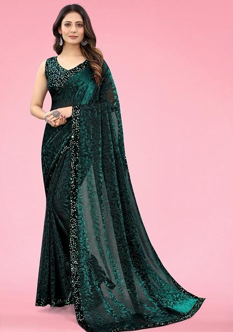 Green Solid Lycra Blend Saree Set