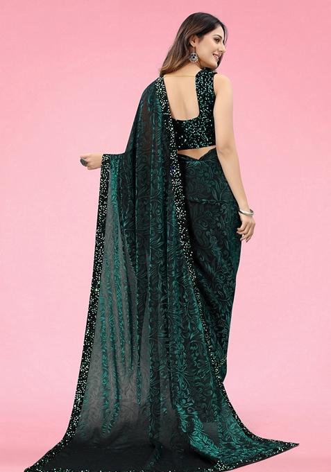 Green Solid Lycra Blend Saree Set