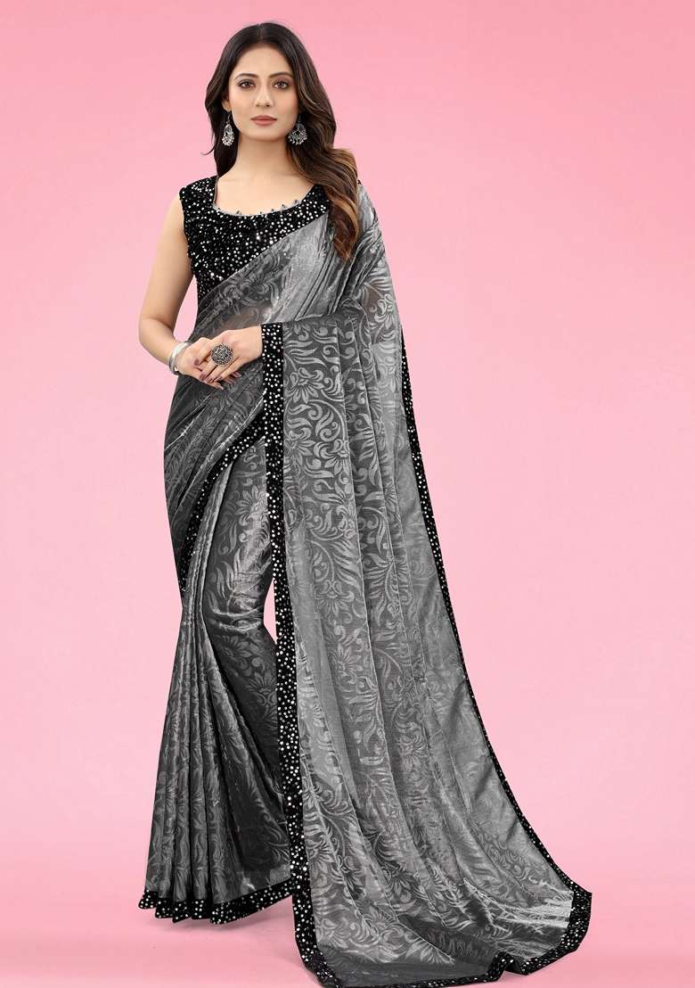 Grey Solid Lycra Blend Saree Set - Indya