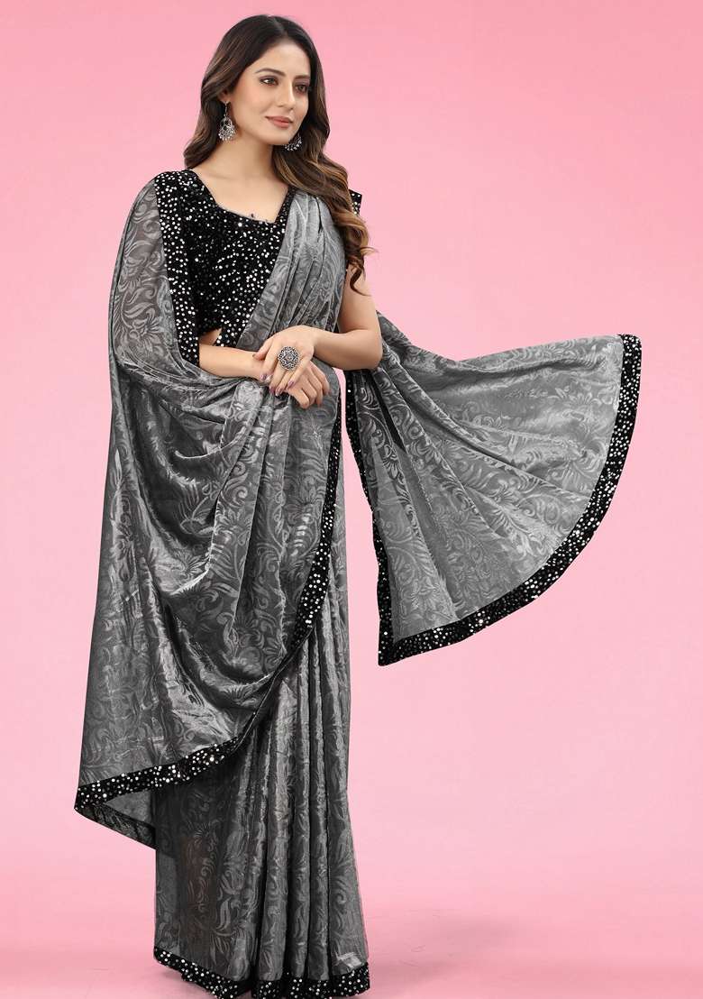 Grey Solid Lycra Blend Saree Set - Indya
