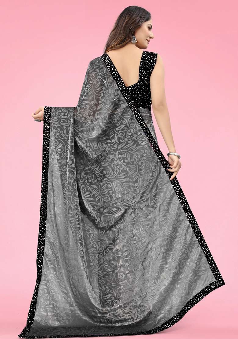 Grey Solid Lycra Blend Saree Set - Indya
