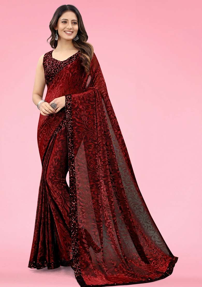 Maroon Solid Lycra Blend Saree Set - Indya