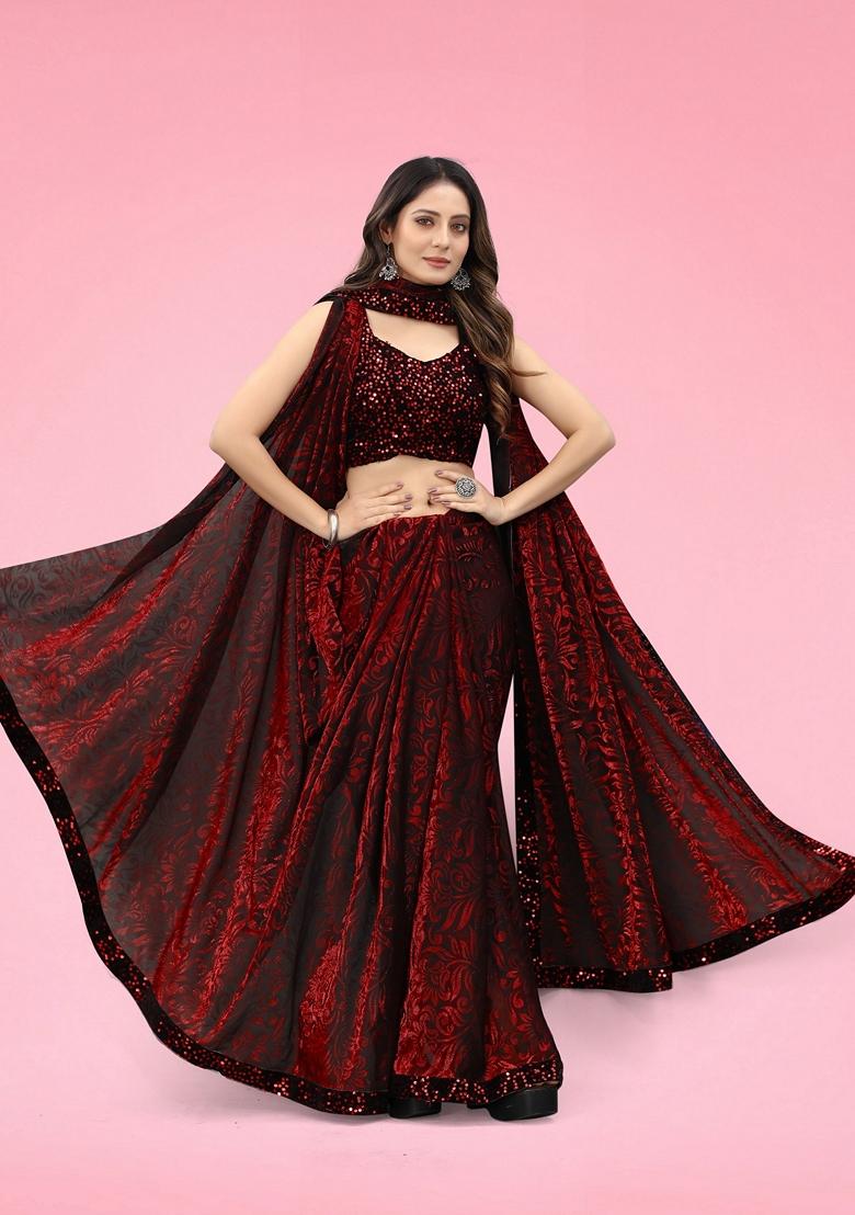 Maroon Solid Lycra Blend Saree Set