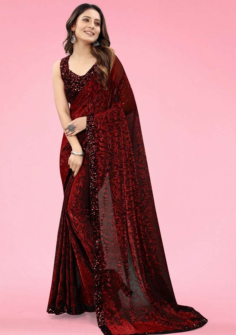 Maroon Solid Lycra Blend Saree Set - Indya