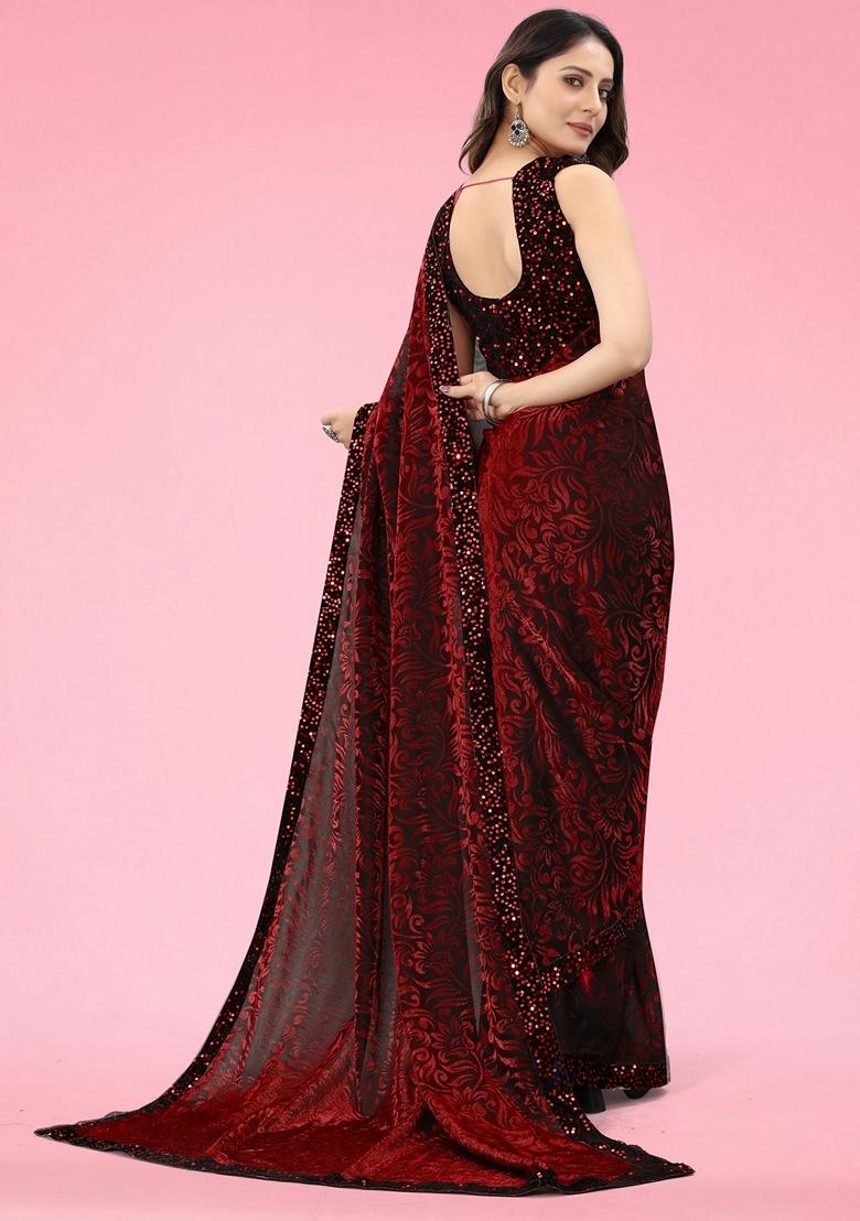 Maroon Solid Lycra Blend Saree Set