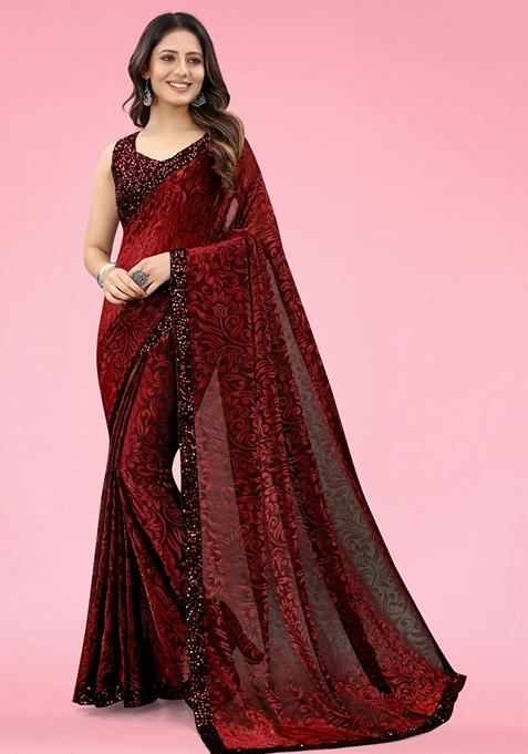 Maroon Solid Lycra Blend Saree Set