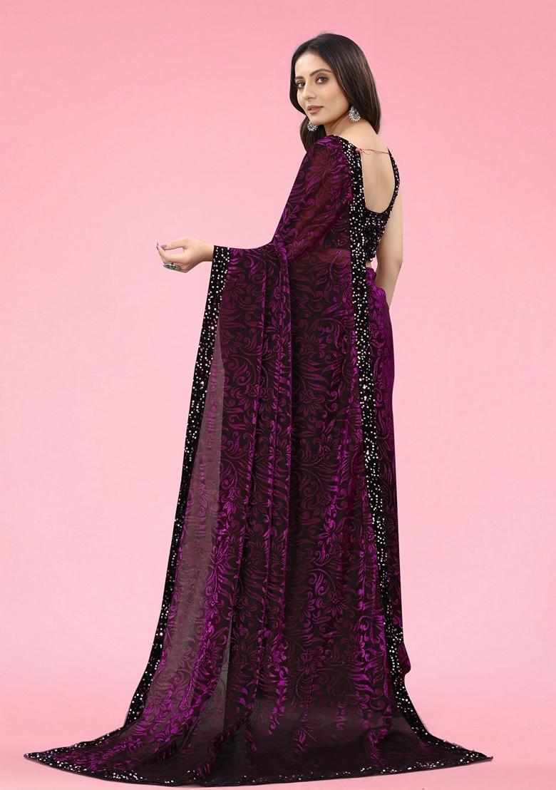 Wine Solid Lycra Blend Saree Set