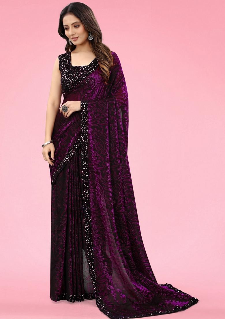 Wine Solid Lycra Blend Saree Set