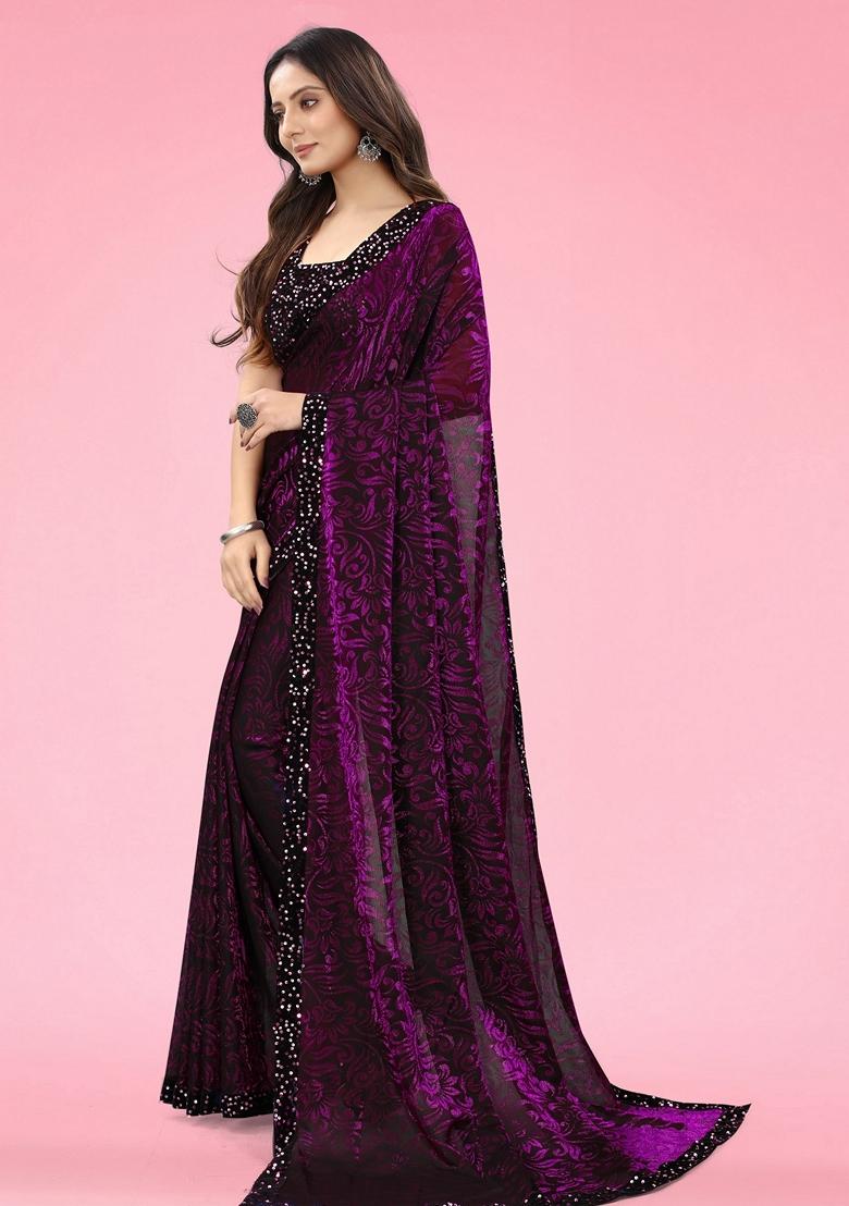 Wine Solid Lycra Blend Saree Set