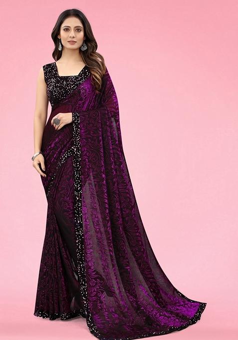 Wine Solid Lycra Blend Saree Set