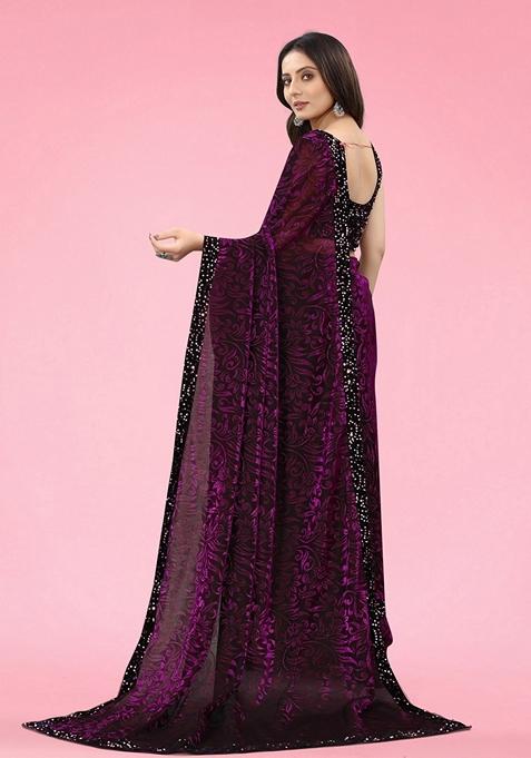 Wine Solid Lycra Blend Saree Set