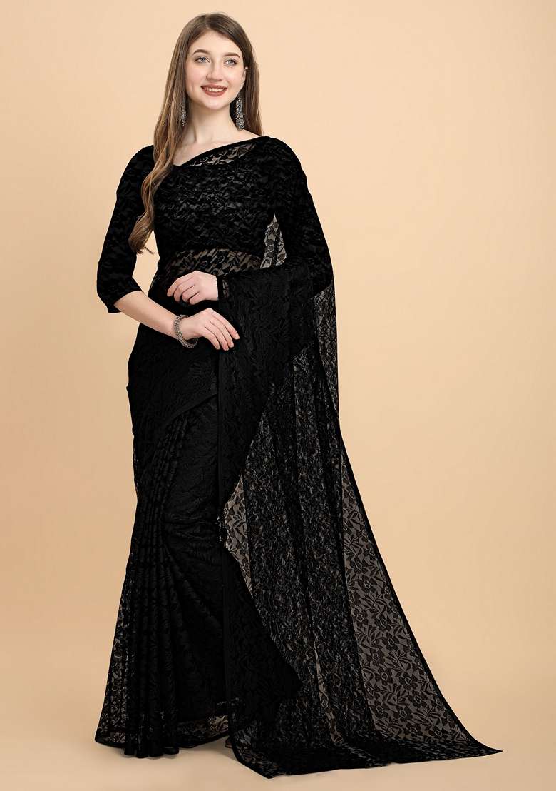 Black Solid Lycra Blend Saree Set - Indya