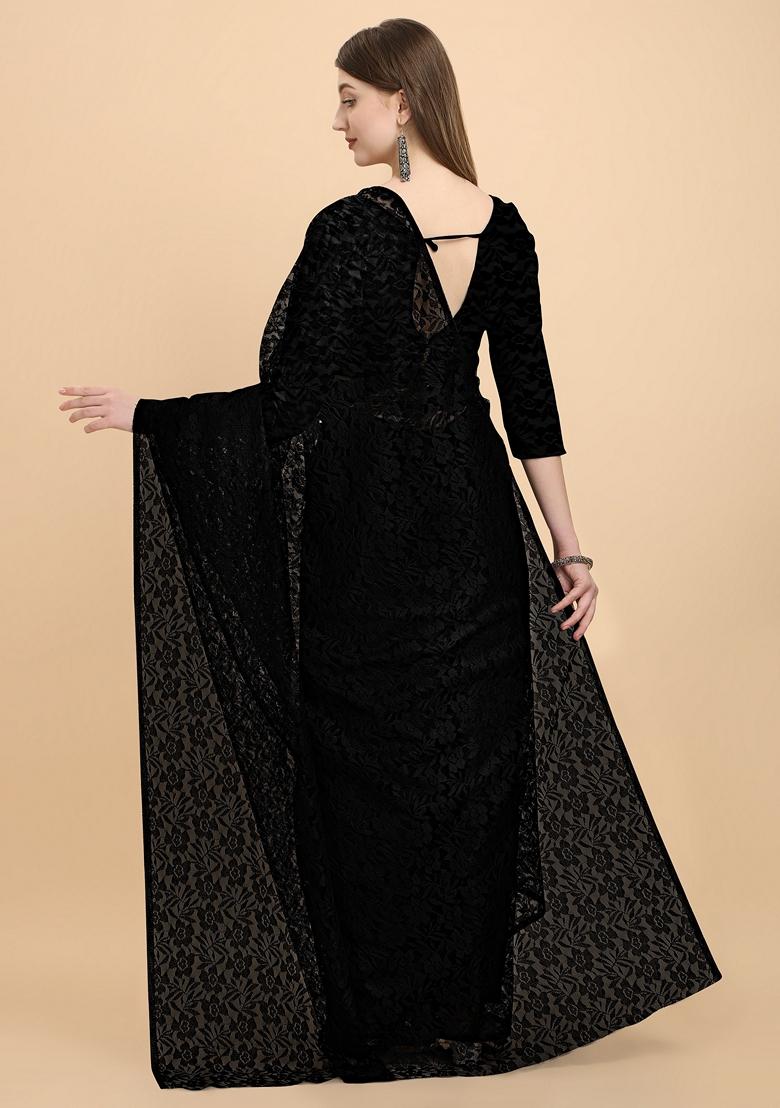 Black Solid Lycra Blend Saree Set