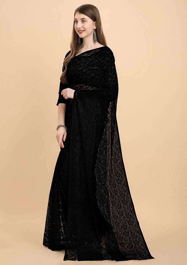 Black Solid Lycra Blend Saree Set - Indya