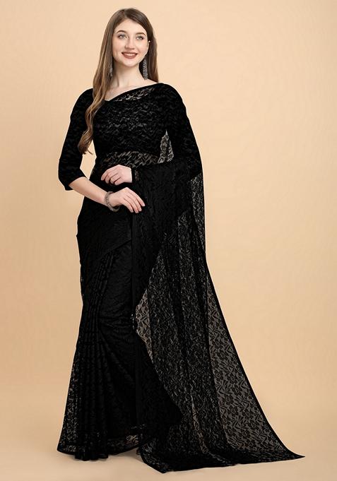 Black Solid Lycra Blend Saree Set