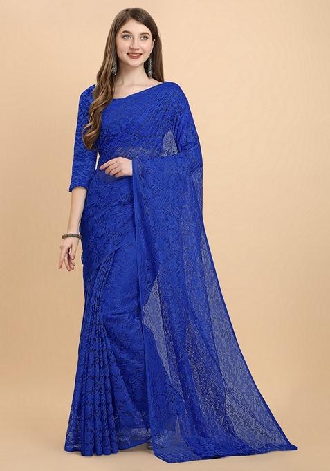 Blue Solid Lycra Blend Saree Set