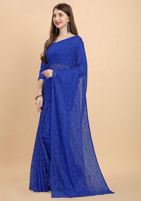 Blue Solid Lycra Blend Saree Set