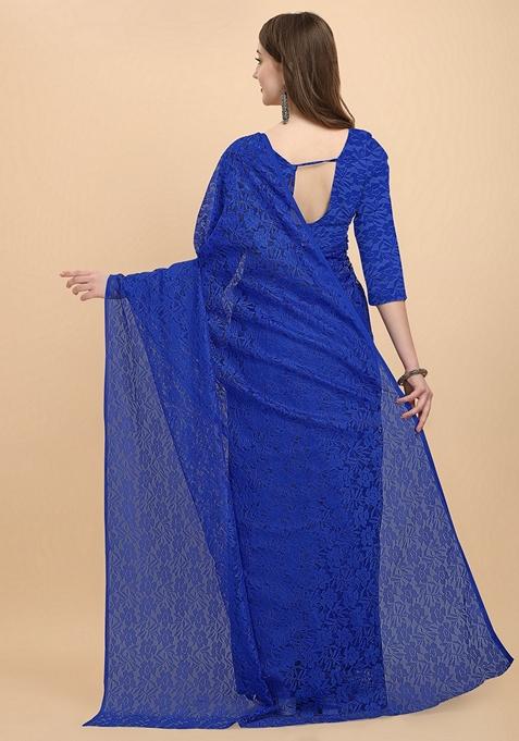 Blue Solid Lycra Blend Saree Set