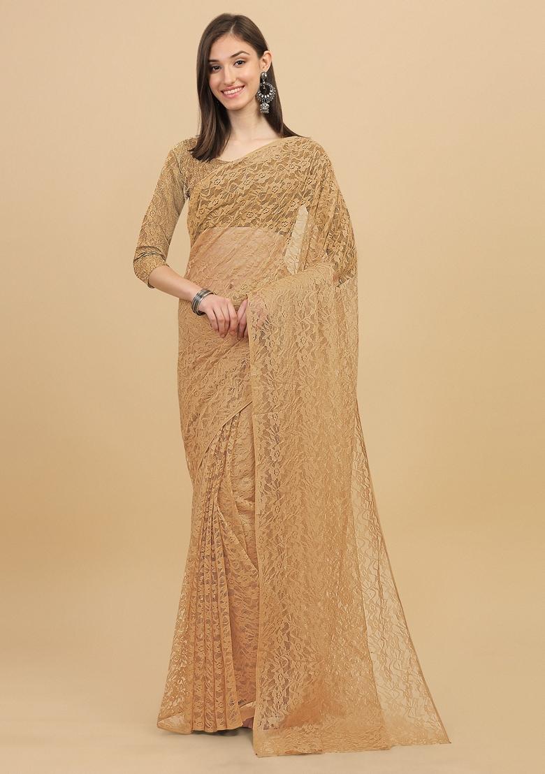 Chiku Brown Solid Lycra Blend Saree Set