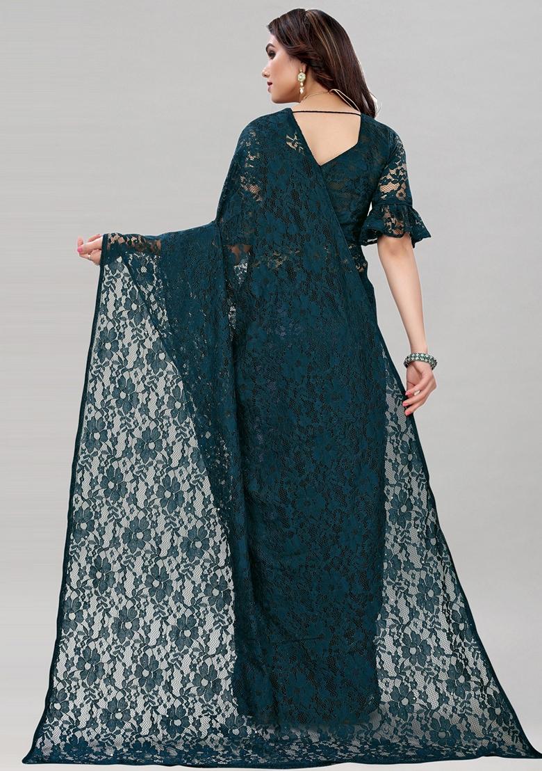 Dark Green Solid Lycra Blend Saree Set