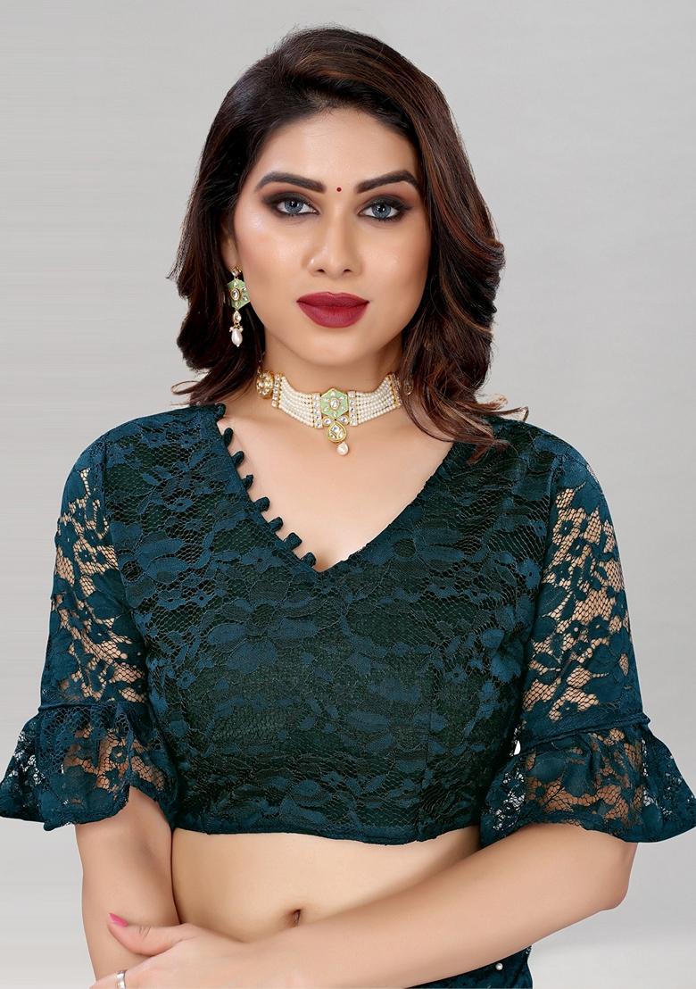 Dark Green Solid Lycra Blend Saree Set