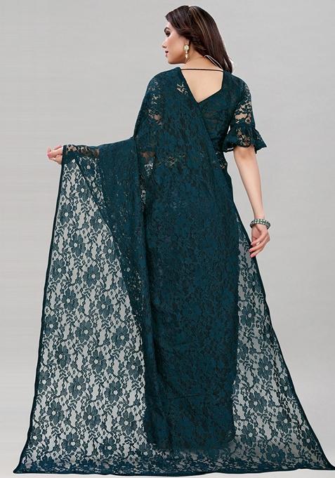 Dark Green Solid Lycra Blend Saree Set