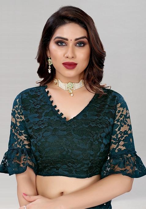 Dark Green Solid Lycra Blend Saree Set