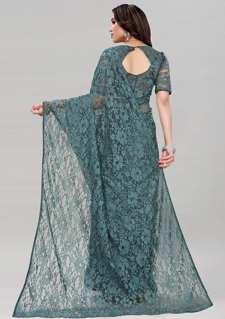 Grey Solid Lycra Blend Saree Set