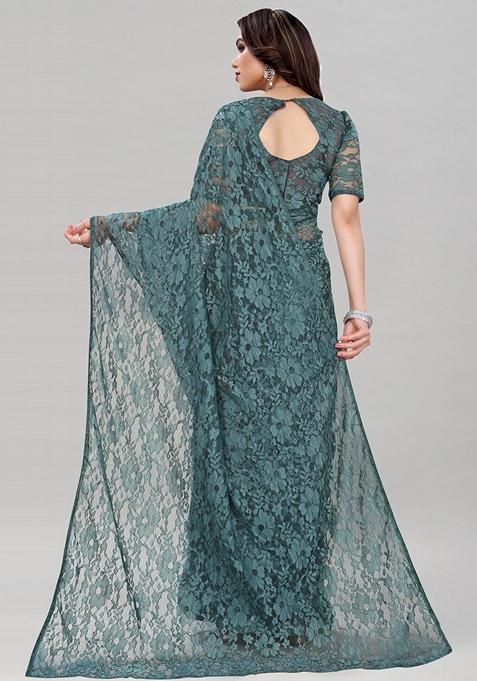 Grey Solid Lycra Blend Saree Set