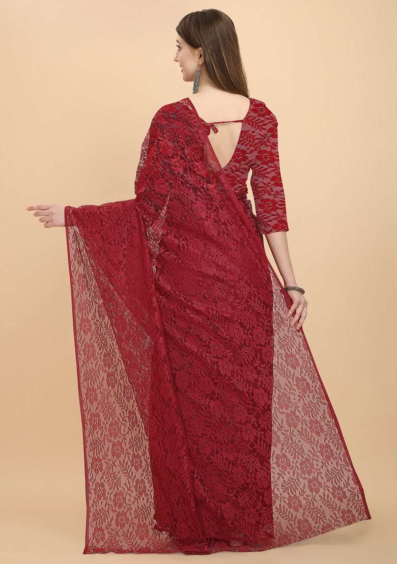 Maroon Solid Lycra Blend Saree Set - Indya
