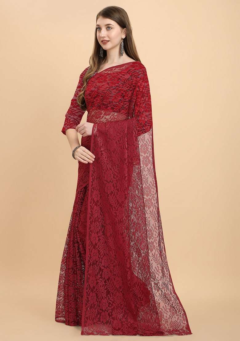 Maroon Solid Lycra Blend Saree Set - Indya