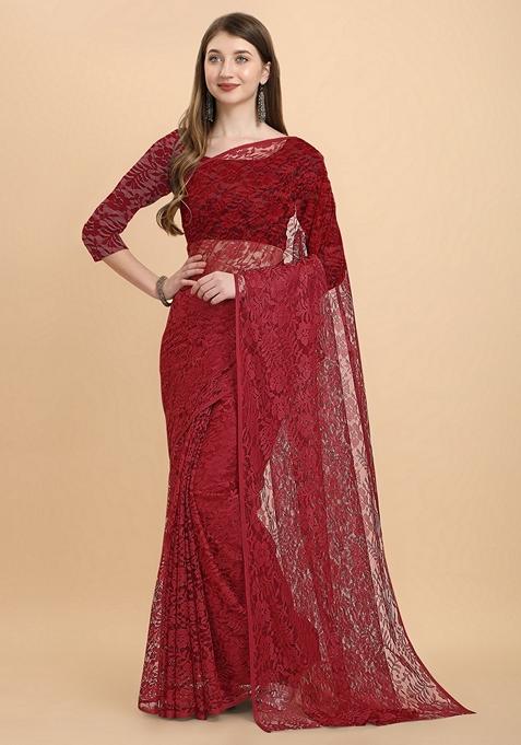 Maroon Solid Lycra Blend Saree Set