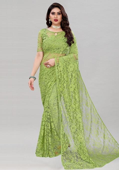 Mehendi Solid Lycra Blend Saree Set