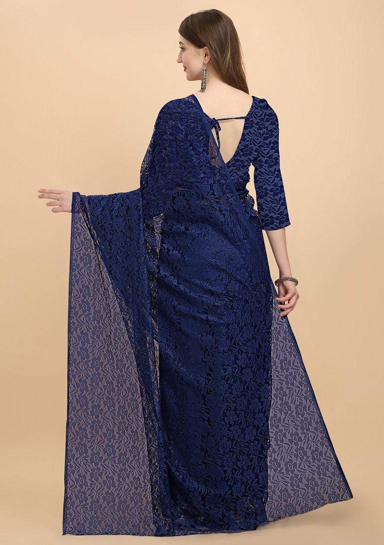 Navy Blue Solid Lycra Blend Saree Set