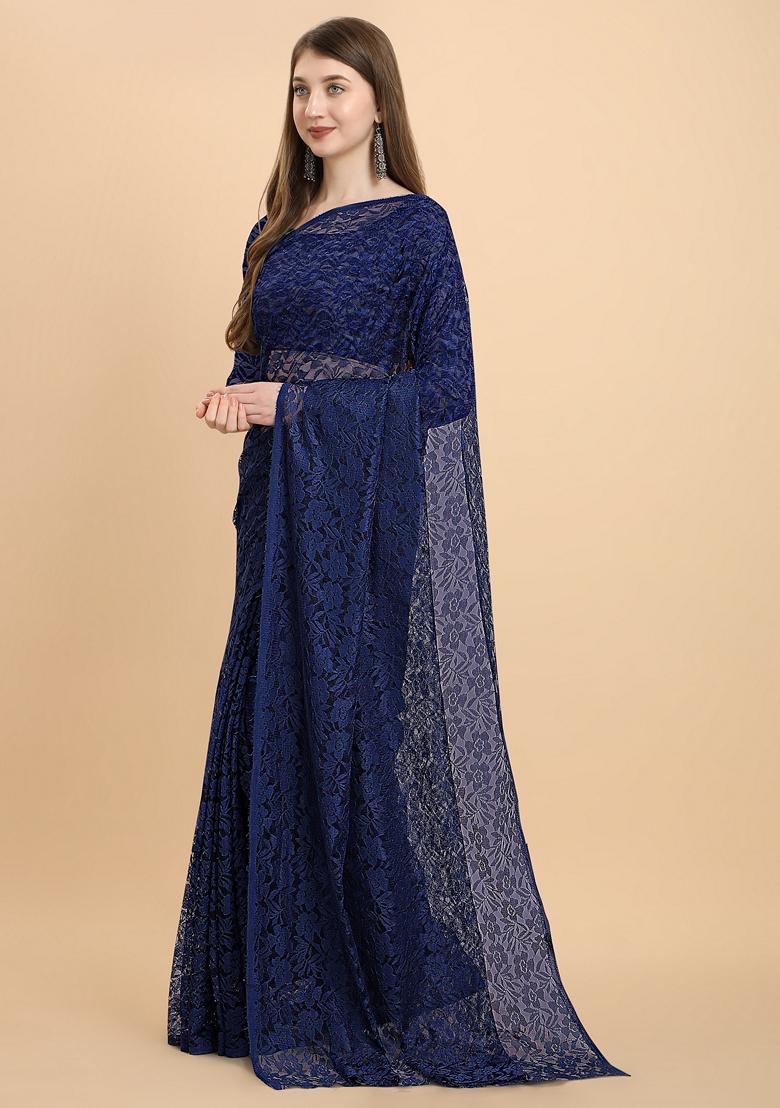 Navy Blue Solid Lycra Blend Saree Set