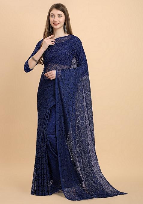 Navy Blue Solid Lycra Blend Saree Set