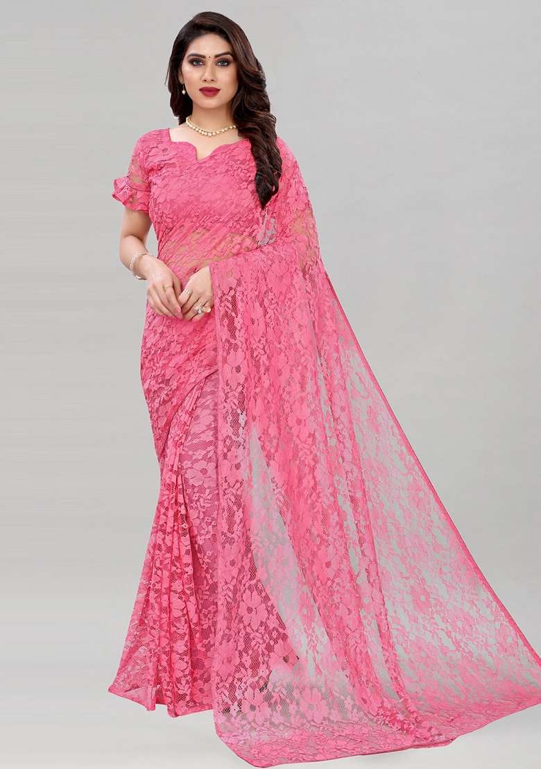 Pink Solid Lycra Blend Saree Set - Indya